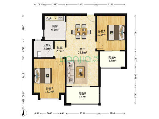 绿地清猗园(威廉公馆三期) 2室1厅1卫 86平方