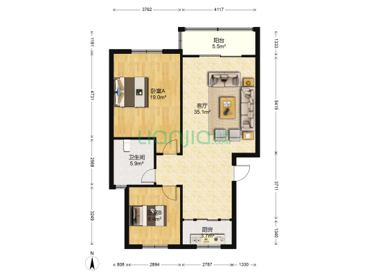蓝天公寓 2室1厅1卫 89平方