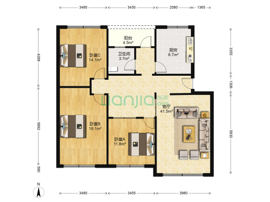 建设路三段120号 3室1厅1卫 127平方