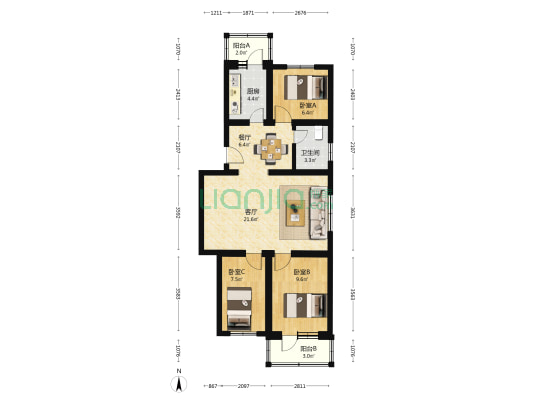 法院家属楼 3室2厅1卫 89平方