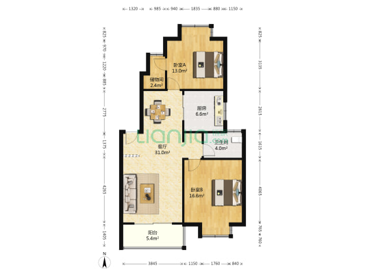 天润城第二街区 2室1厅1卫 90平方