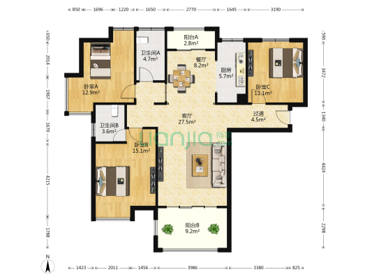赣电开元国际 3室2厅2卫 108平方