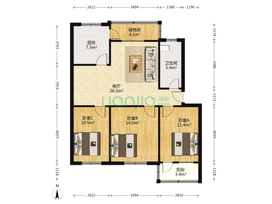 四中家属院 3室1厅1卫 90平方