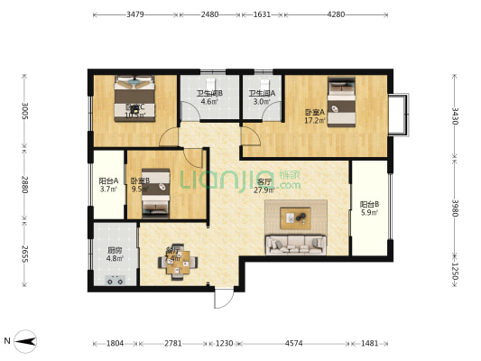 海悦天地小区 3室2厅2卫 126平方