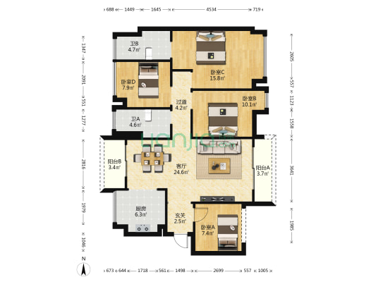 雅居乐国际花园三期 4室1厅2卫 115平方