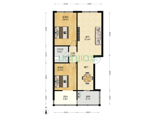 普吉路98号 2室1厅1卫 83平方