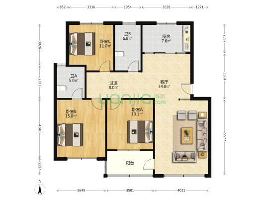 元丰北区 3室1厅2卫 130平方