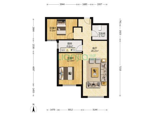 K2狮子城南区 2室1厅 南 北-户型图