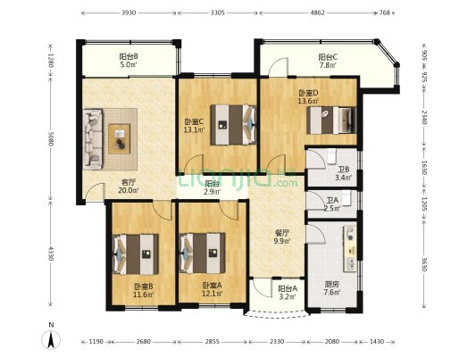 南丽花园 4室2厅2卫 122平方