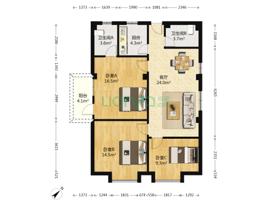 太和苑 3室1厅2卫 92平方