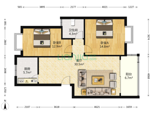中地花园 2室1厅1卫 88平方