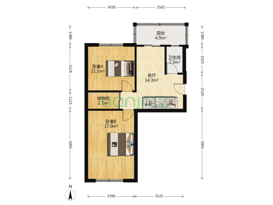 来福北里 2室1厅1卫 44平方