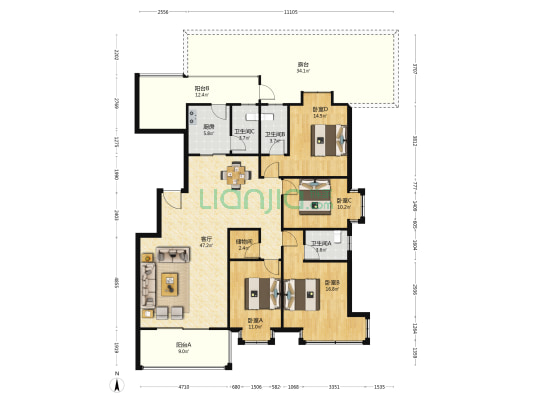 宜城花园 4室1厅3卫 152平方