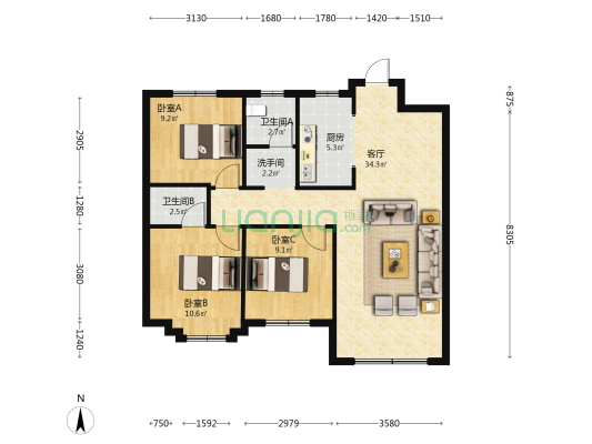 荣科丽苑 3室1厅3卫 108平方