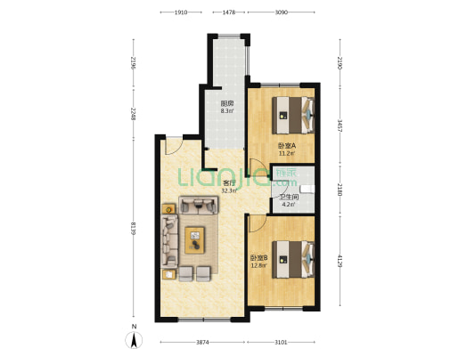 华居水木天成 2室1厅1卫 95平方