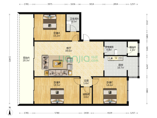 上南街33号 3室1厅2卫 146平方