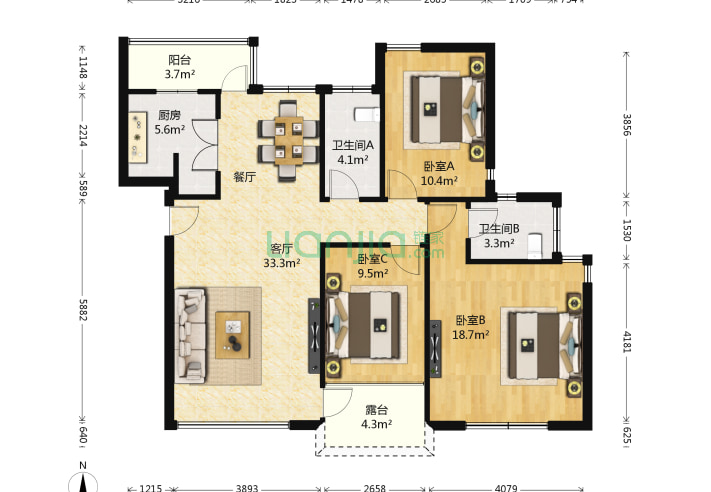 3室1厅2卫123.65㎡-北京万象新天一区户型图