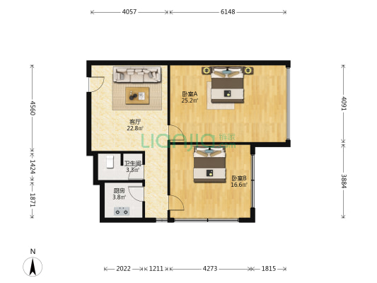 开放广场 2室1厅1卫 96平方