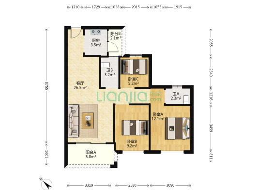 兆丰豪庭 3室1厅2卫 90平方
