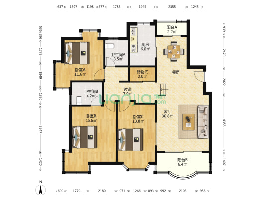 东苑绿世界花园(三期) 3室1厅2卫 126平方