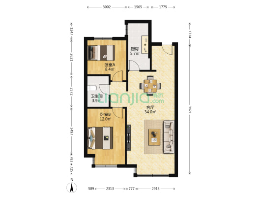 美的润东府 2室1厅1卫 87平方