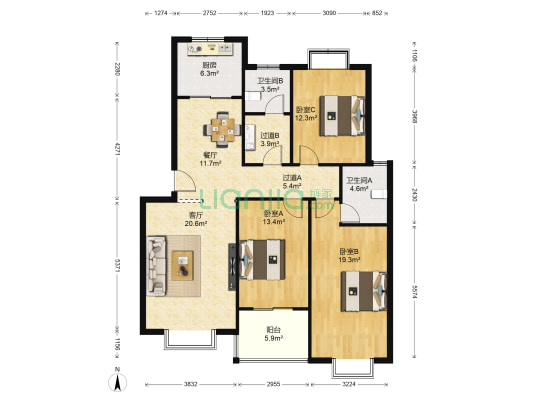郑韩花园 3室2厅2卫 125平方