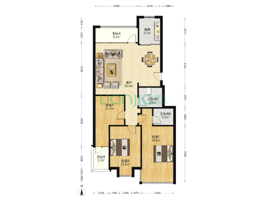 新蓝北苑Ⅰ 3室1厅2卫 120平方