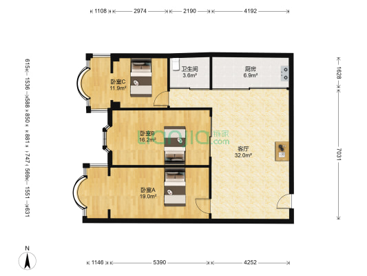 德润大厦 3室1厅1卫 123平方
