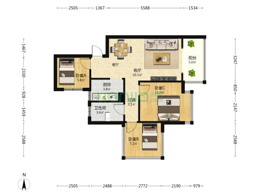 深石·汉华锦上城 3室1厅1卫 73平方