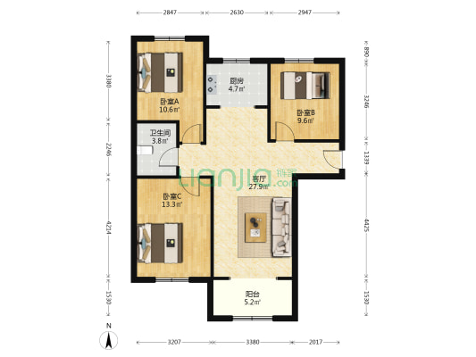 南北三居室，户型方正，小区人车分流-户型图