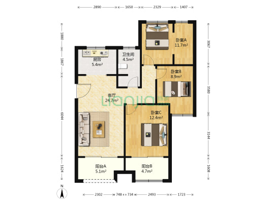中南世纪城一期 3室1厅1卫 108平方