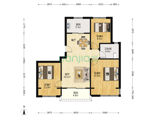 苏悦湾 3室1厅1卫 97平方