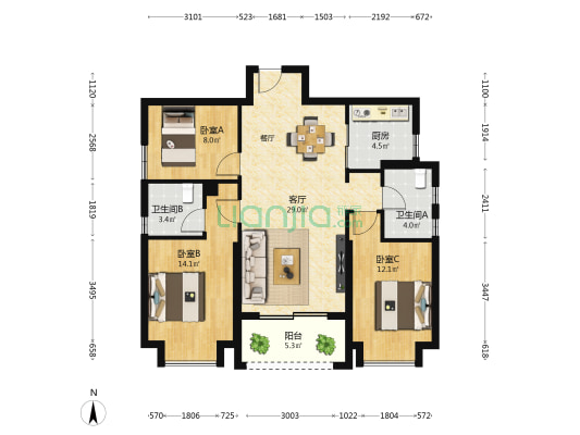 海晟大学府 3室1厅2卫 106平方