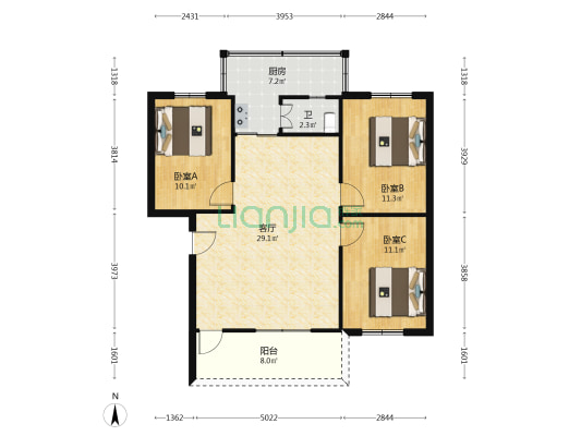 机械厂宿舍 3室1厅1卫 92平方