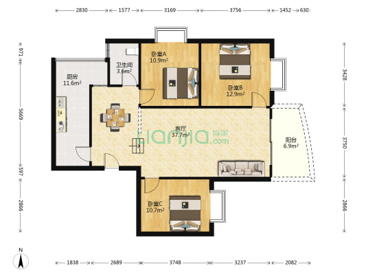 木鱼石景园 3室1厅1卫 108平方