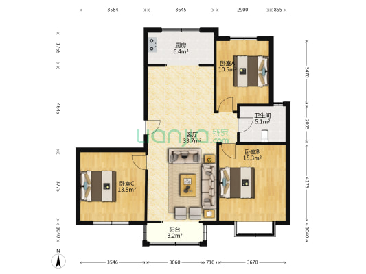 运泽花园小区北区 3室1厅1卫 129平方