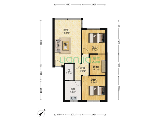 先烈中路102号大院 3室1厅1卫 64平方