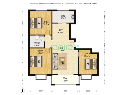 泰悦华庭 3室2厅1卫 127平方