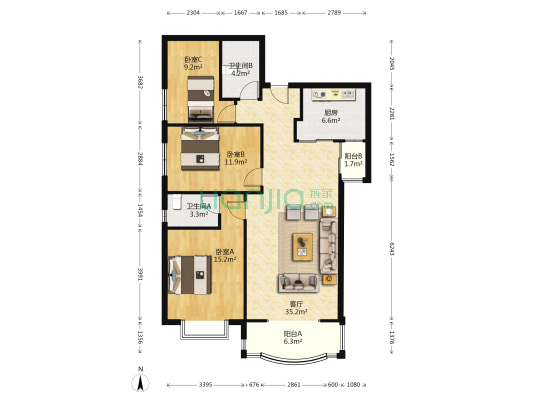 六合新界 3室1厅2卫 121平方