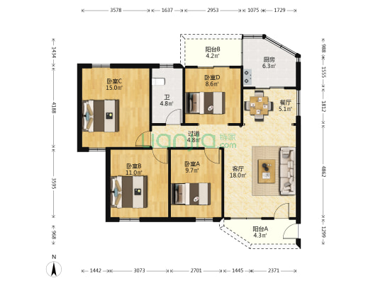 凤岭大街 4室2厅1卫 107平方