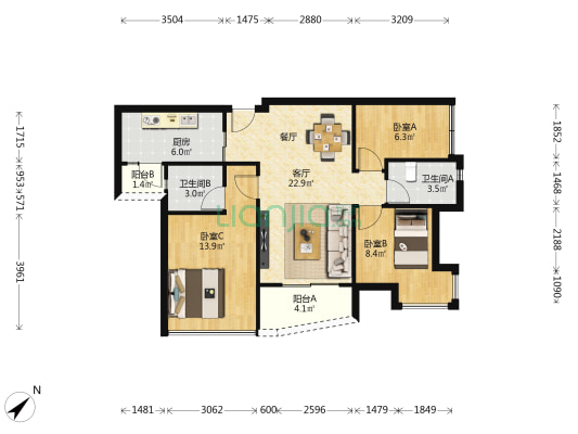 星晴雅筑 3室1厅2卫 89平方
