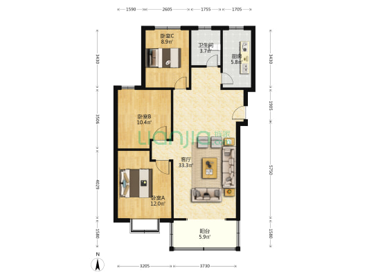 格局朝向合理拎包入住的三居室出售-户型图