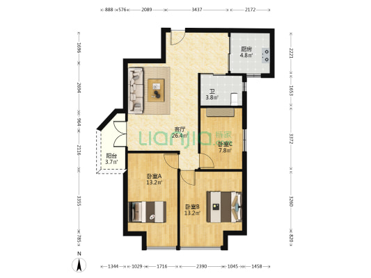 惠景城小区绿景一路36号 3室1厅1卫 95平方