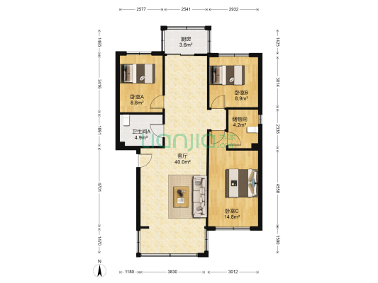 鑫安花园 3室1厅1卫 107平方