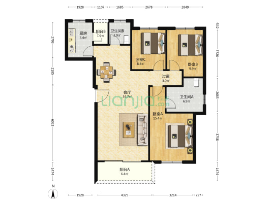乾和新天汇 3室1厅2卫 114平方