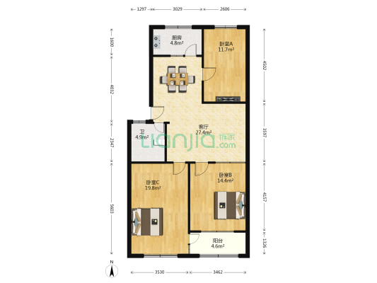 商业大厦宿舍 3室1厅1卫 98平方
