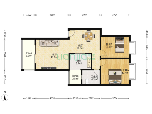 森邻香堤二期 2室2厅1卫 89平方