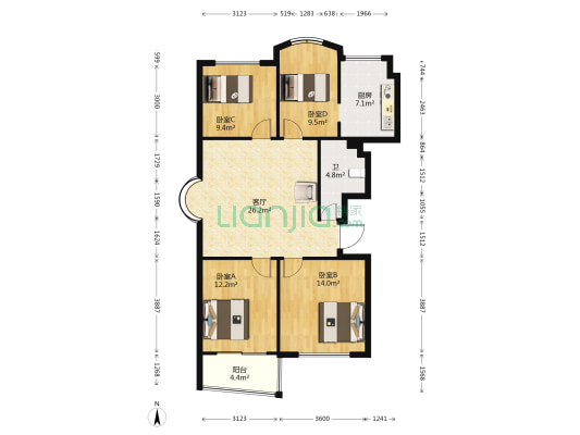 宫馨丽园 4室1厅1卫 128平方