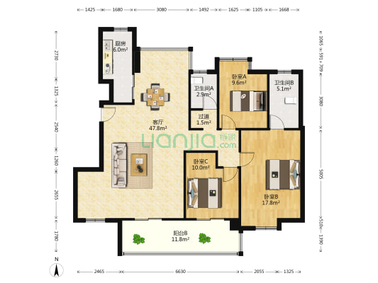 世合理想大地明德居 3室1厅2卫 130平方