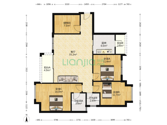 龙光城北四期 3室1厅2卫 107平方